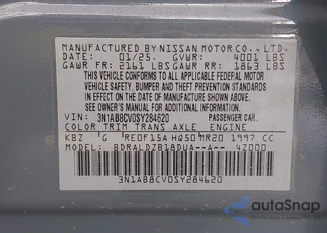 2025 Nissan Sentra Sv z USA, uszkodzony, nr VIN 3N1AB8CV0SY284620